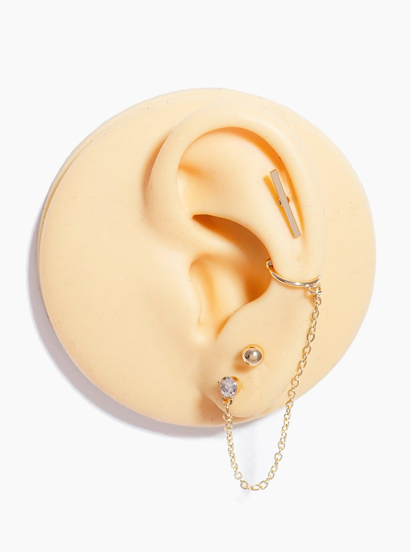 3-pair Set Curved Bar Metal Ball Studs And Linked Chain Cuff Earrings