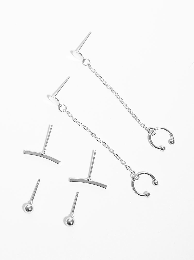 3-pair Set Curved Bar Metal Ball Studs And Linked Chain Cuff Earrings