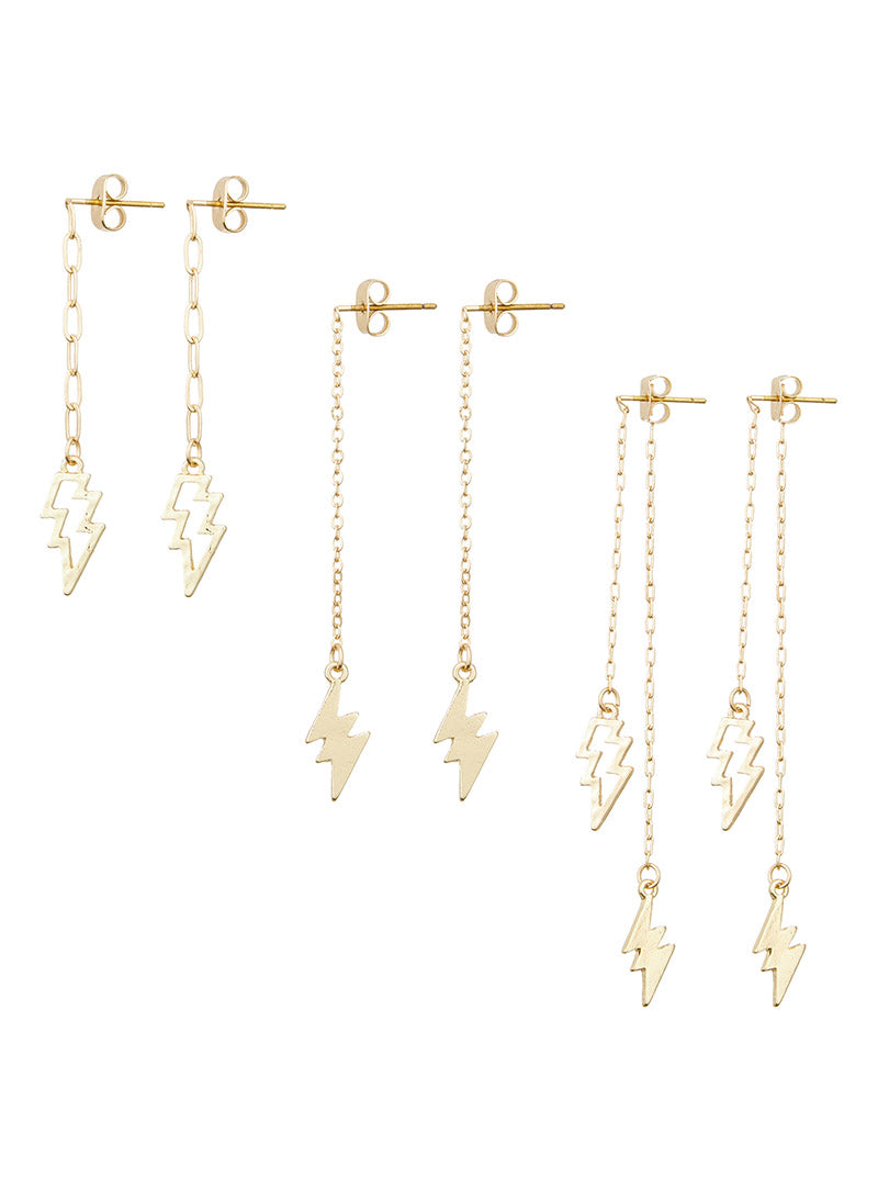 3-pair Set Metal Lightning Earrings