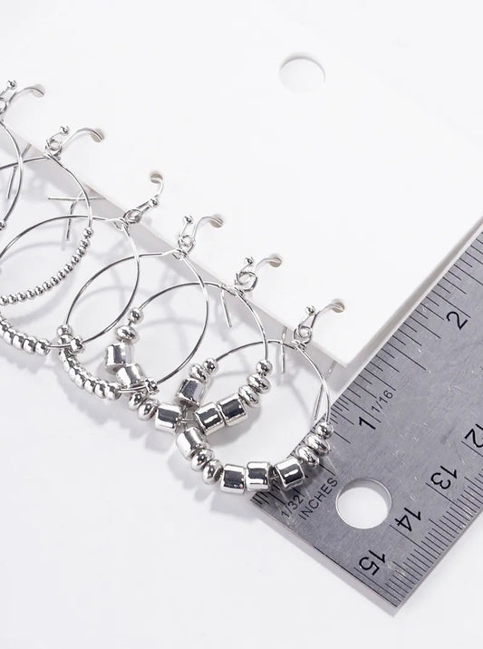 3-pair Set Metallic Beaded Circle Wire Dangle Drop Earrings