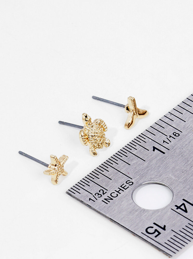 3-pair Set Sea Life Metal Turtle Whale Tail Post Stud Earrings
