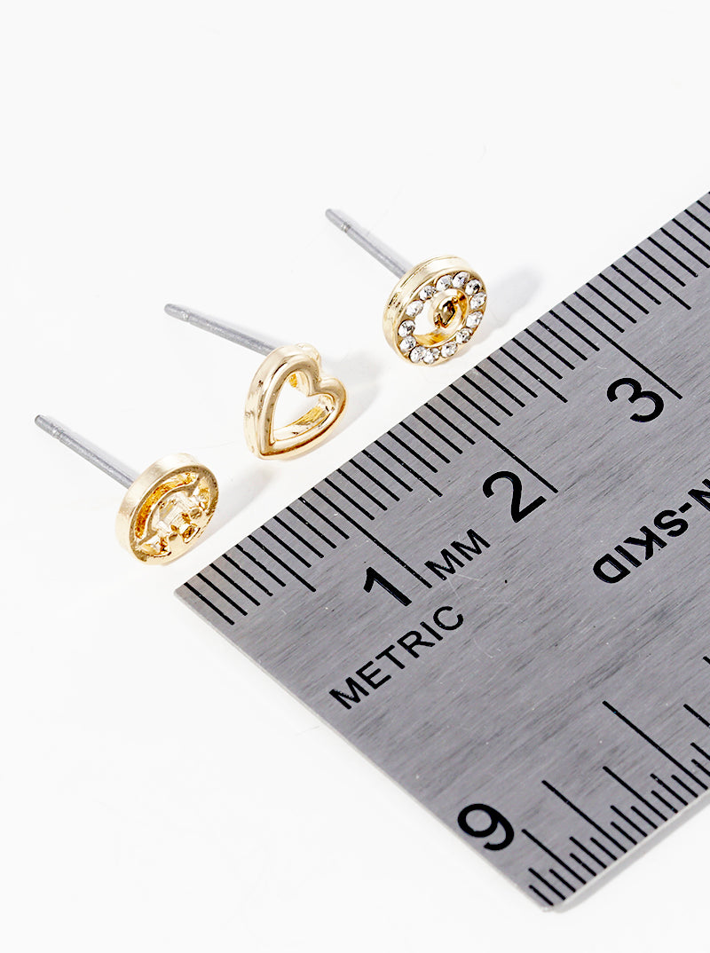 3-pair Set Smiley Face Metal Heart Crystal Pave Round Post Stud Earrings