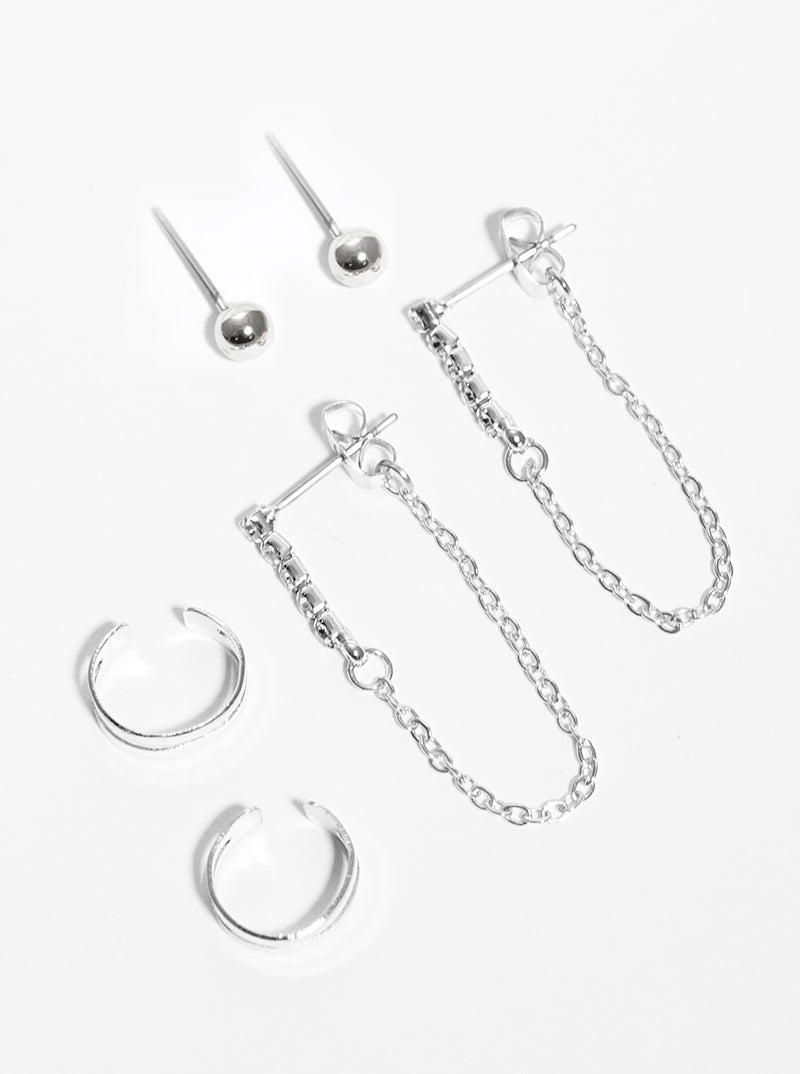 3-pair Set Stone Studs Cuffs And Linked Chain Earrings