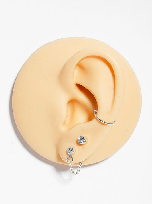 3-pair Stone Studs Cuffs And Linked Chain Earrings