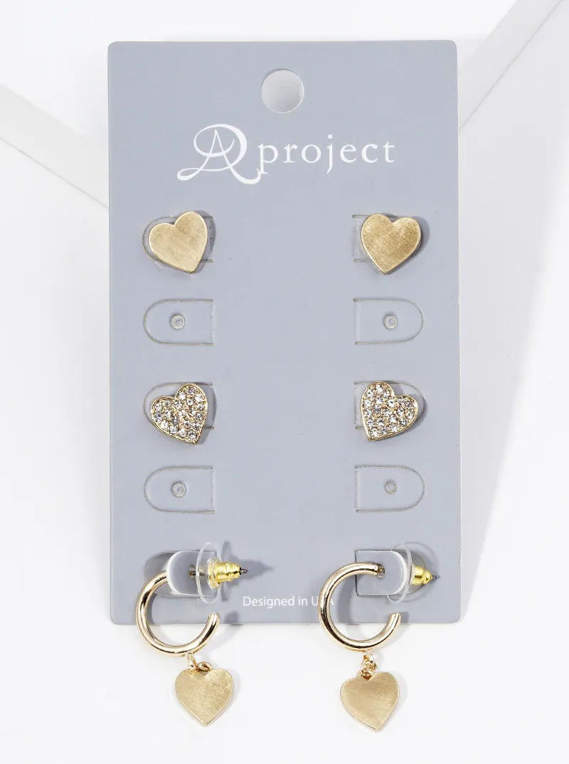 3 Pairs Heart Shape Stud Hoop Earrings