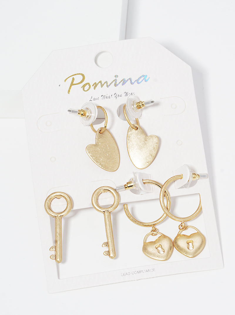 3 Pairs Metal Heart Key Stud Hoop Dangle Earrings Multi Pack