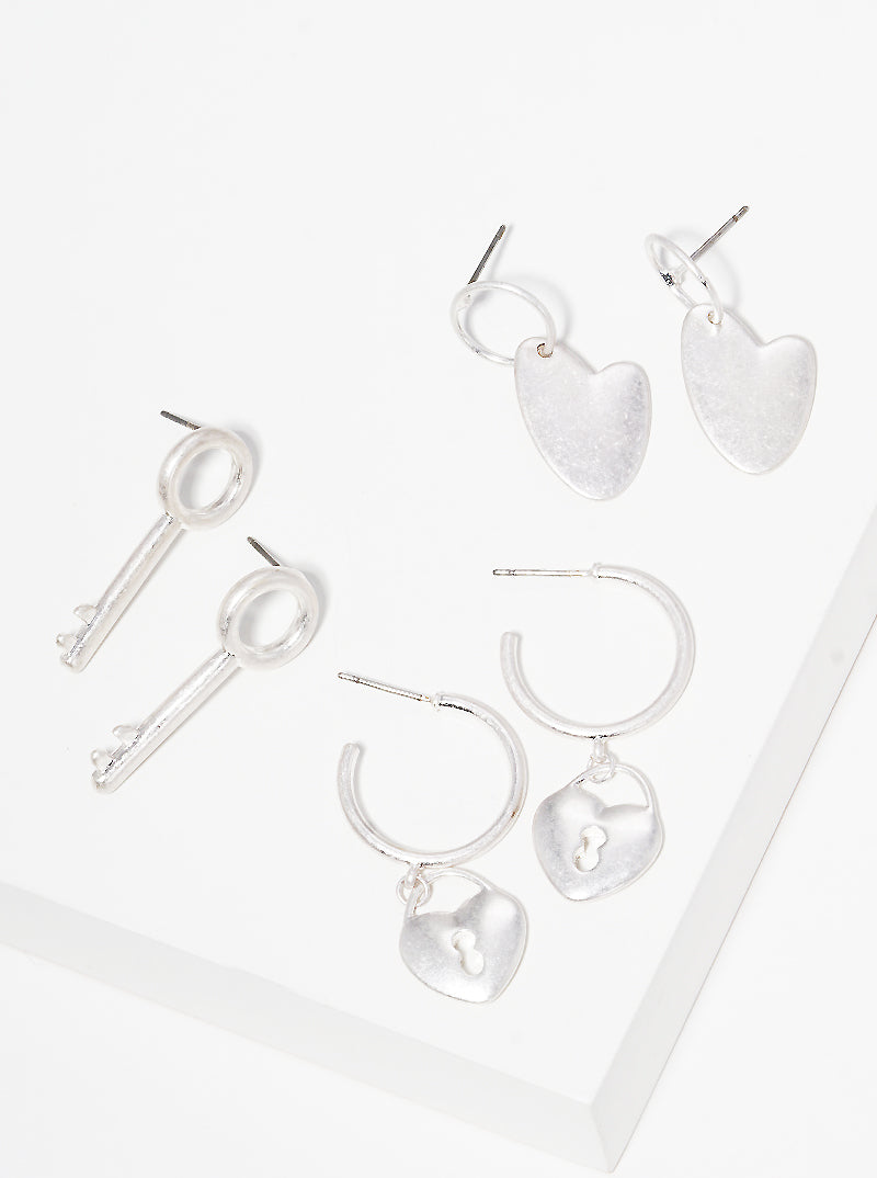 3 Pairs Metal Heart Key Stud Hoop Dangle Earrings Multi Pack