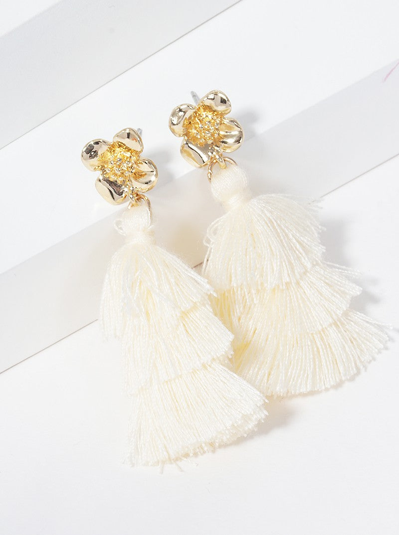 3-tier Thread Layered Fringe Tassel Drop Flower Post Dangle Earrings
