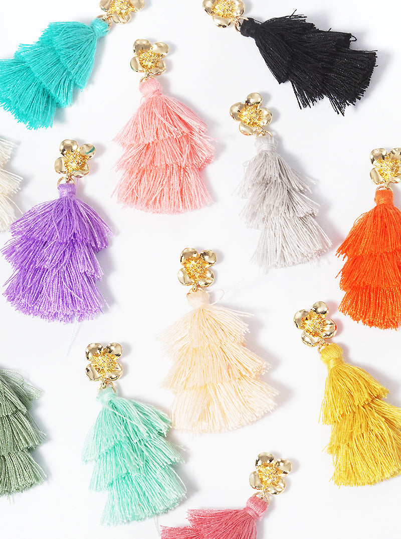 3-tier Thread Layered Fringe Tassel Drop Flower Post Dangle Earrings