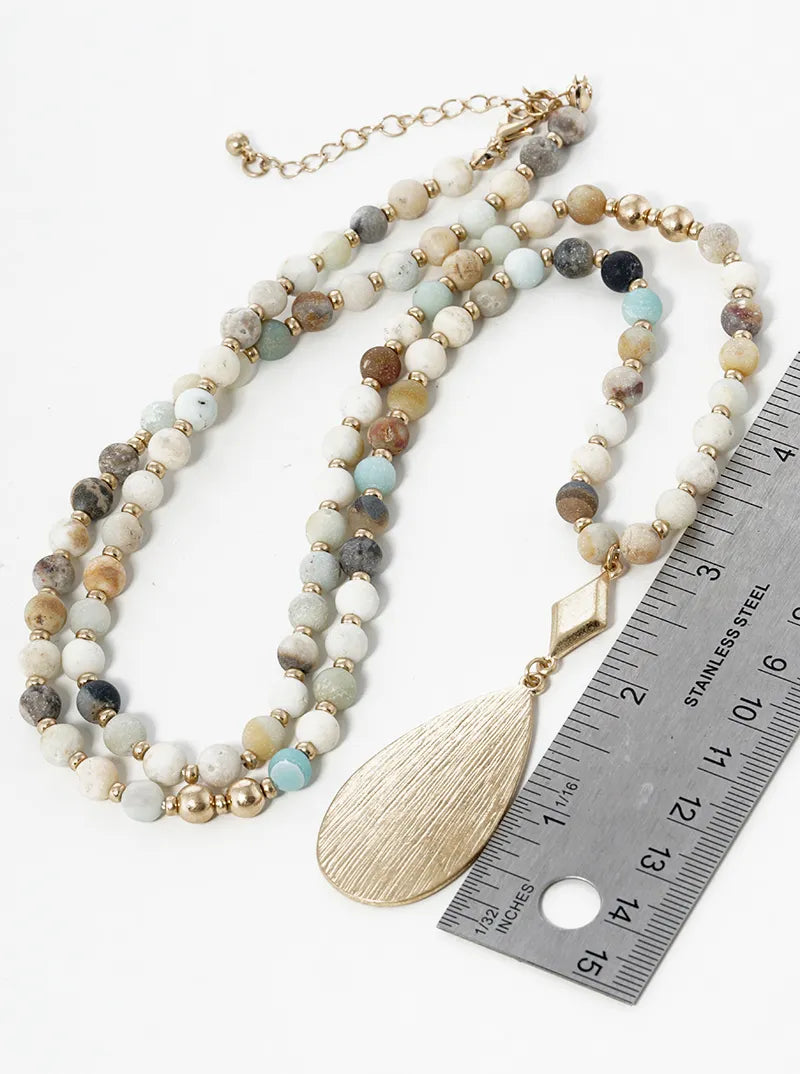 30 Inch Semiprecious With Textured Teardrop Gold Pendant Necklace