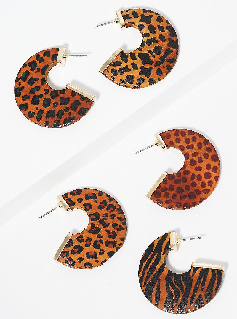 35mm Animal Print Wood Open Hoop Earrings