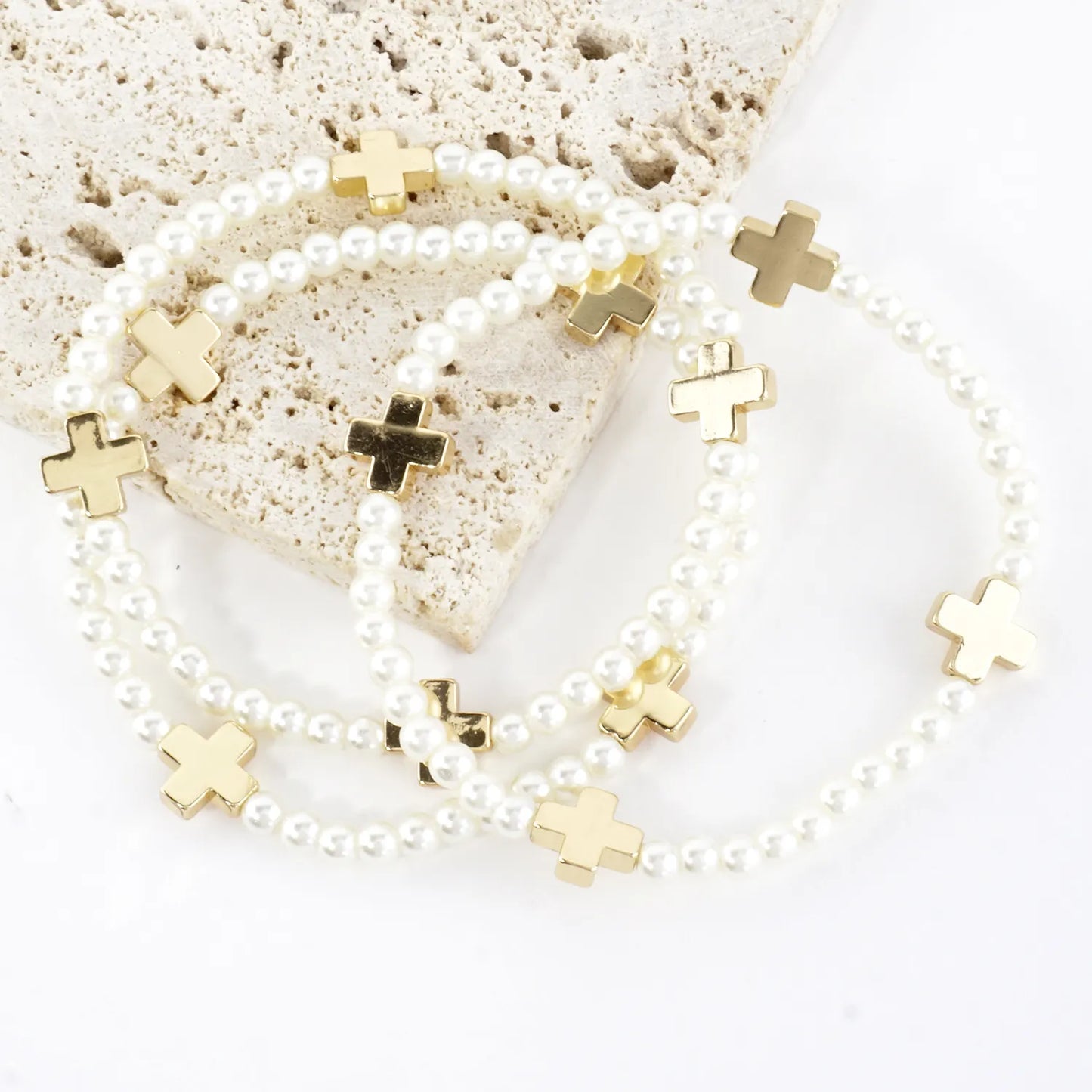3PC Set Brass Cross Glass Pearl Stretch Bracelets
