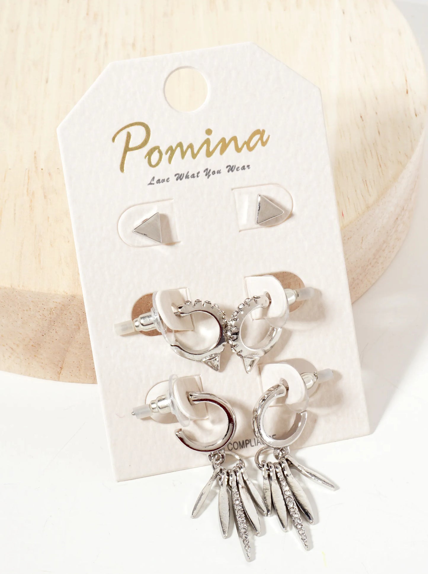 3PC-Set Crystal-Pave Polished Metal Huggie Hoop Stud Earrings