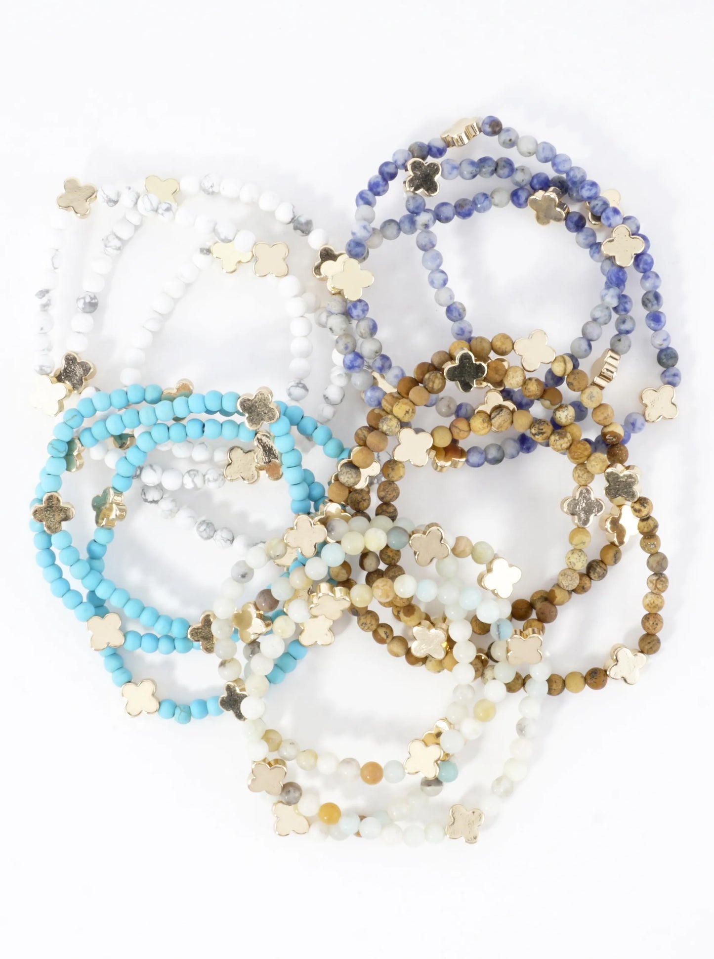 3PC-Set Genuine Stone Quatrefoil Stretch Bracelets