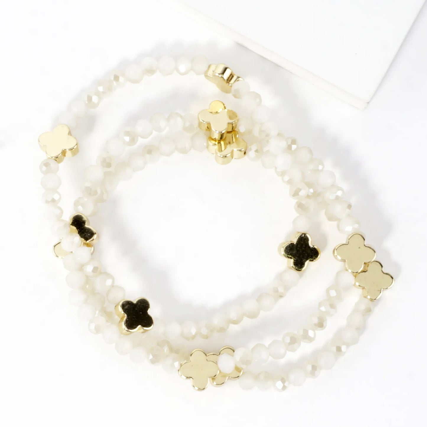 3PC-Set Glass Beads Quatrefoil Stretch Bracelets