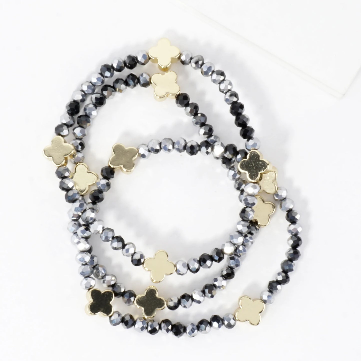 3PC-Set Glass Beads Quatrefoil Stretch Bracelets