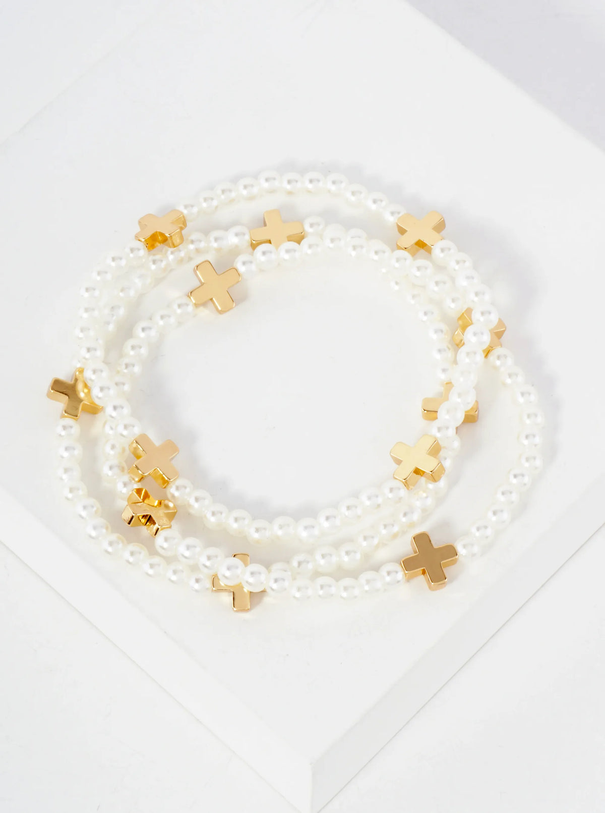 3PC-Set Metallic Beads Cross Stackable Stretch Bracelets