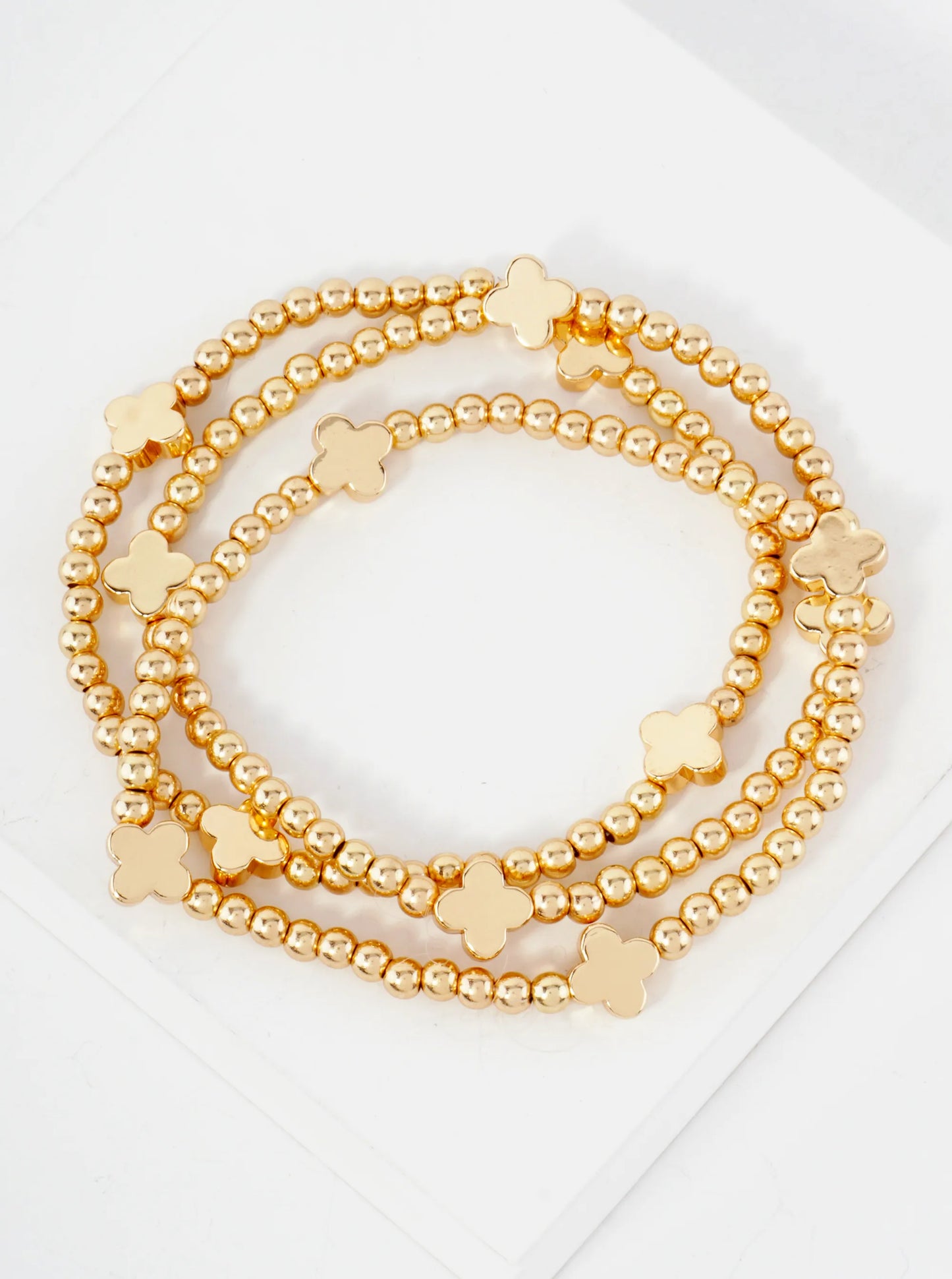 3PC-Set Metallic Beads Quatrefoil Stackable Stretch Bracelets