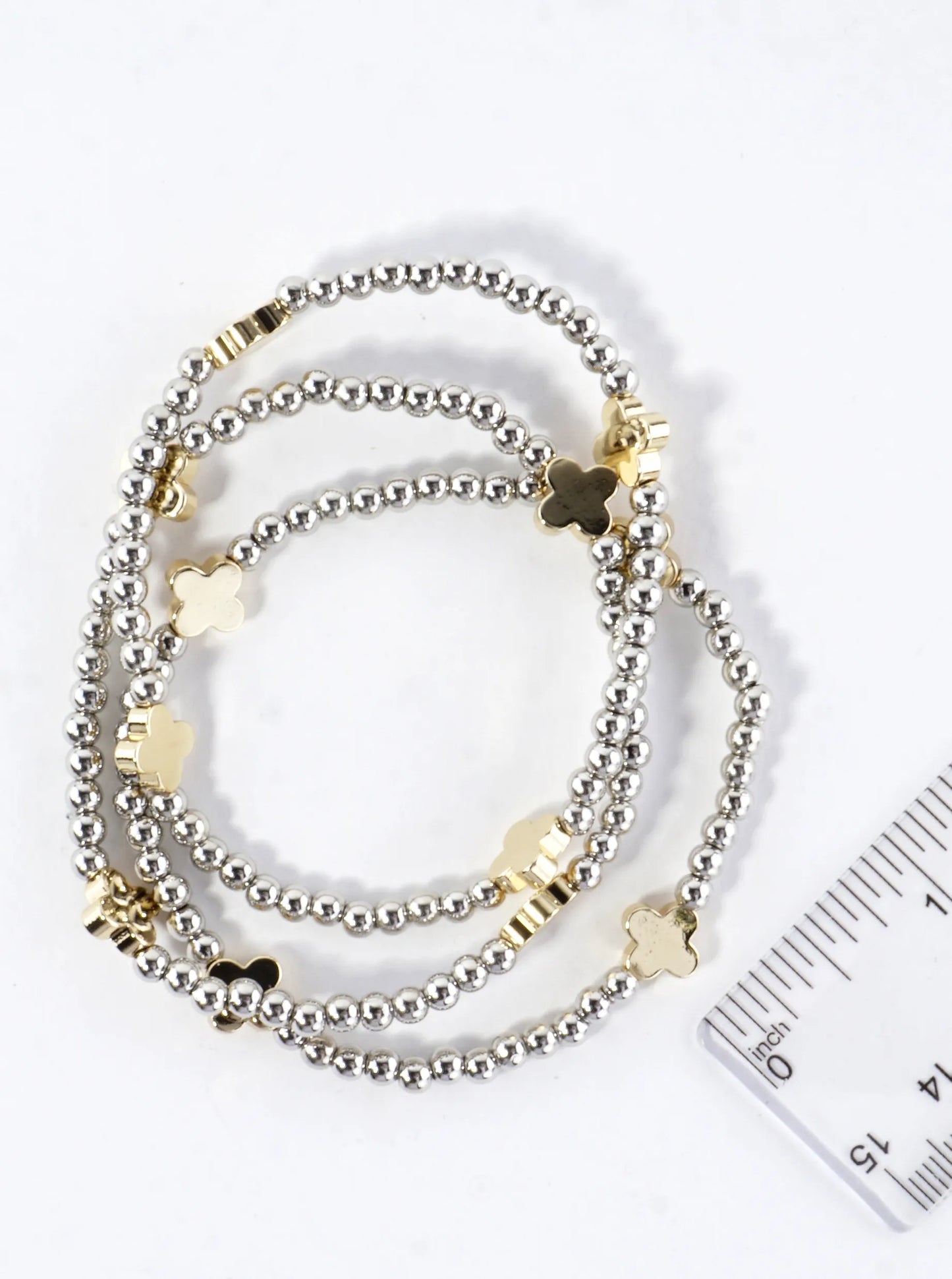 3PC-Set Metallic Beads Quatrefoil Stackable Stretch Bracelets