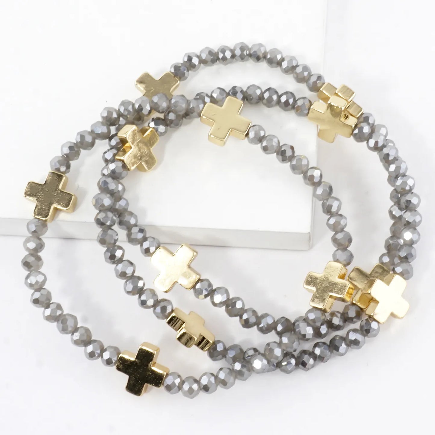 3PC-Set Plated Glass Beads Cross Stretch Bracelets