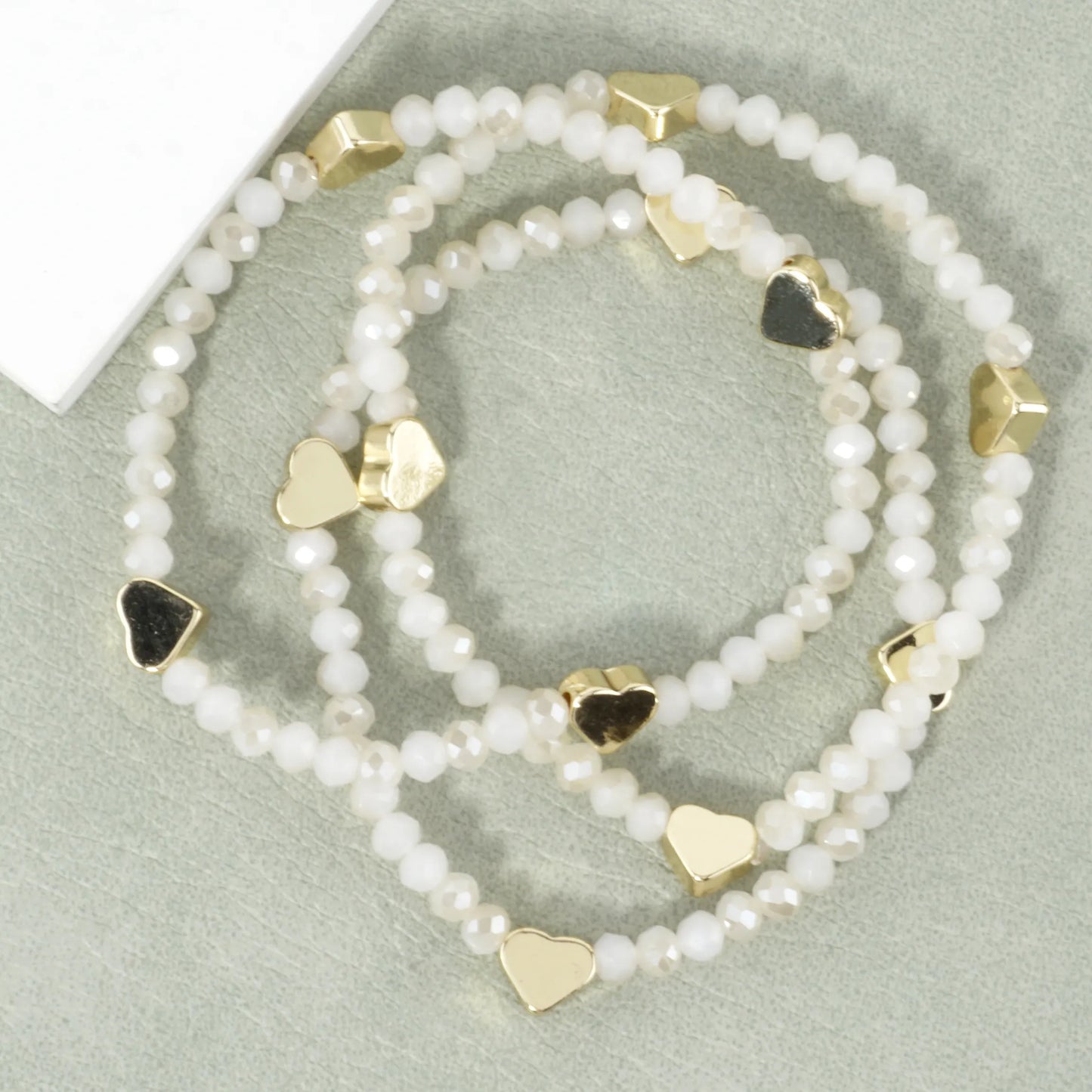 3PC-Set Plated Glass Beads Heart Stretch Bracelets