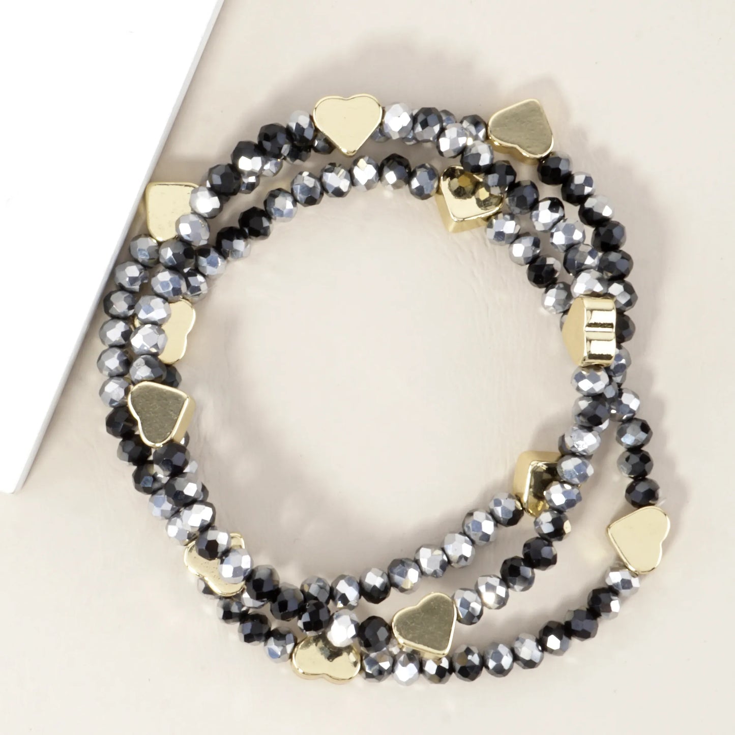 3PC-Set Plated Glass Beads Heart Stretch Bracelets
