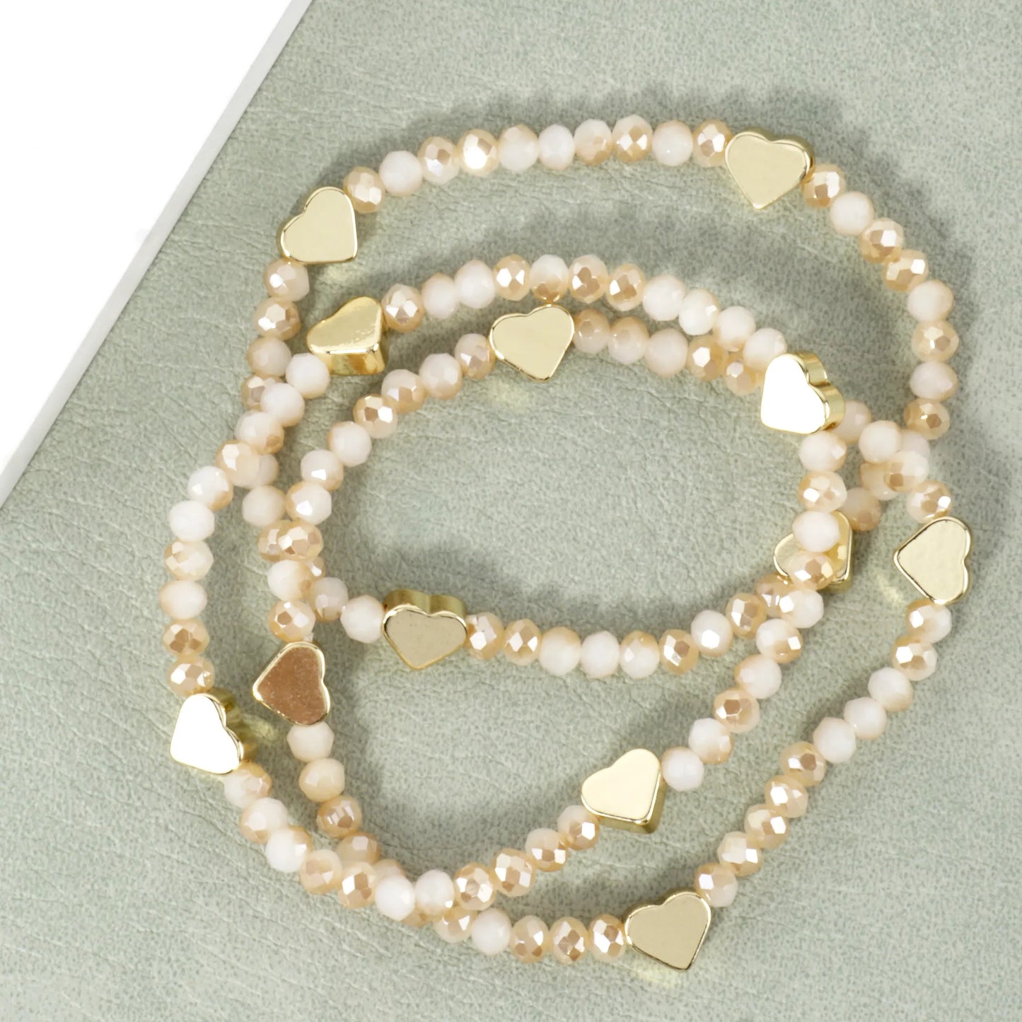 3PC-Set Plated Glass Beads Heart Stretch Bracelets