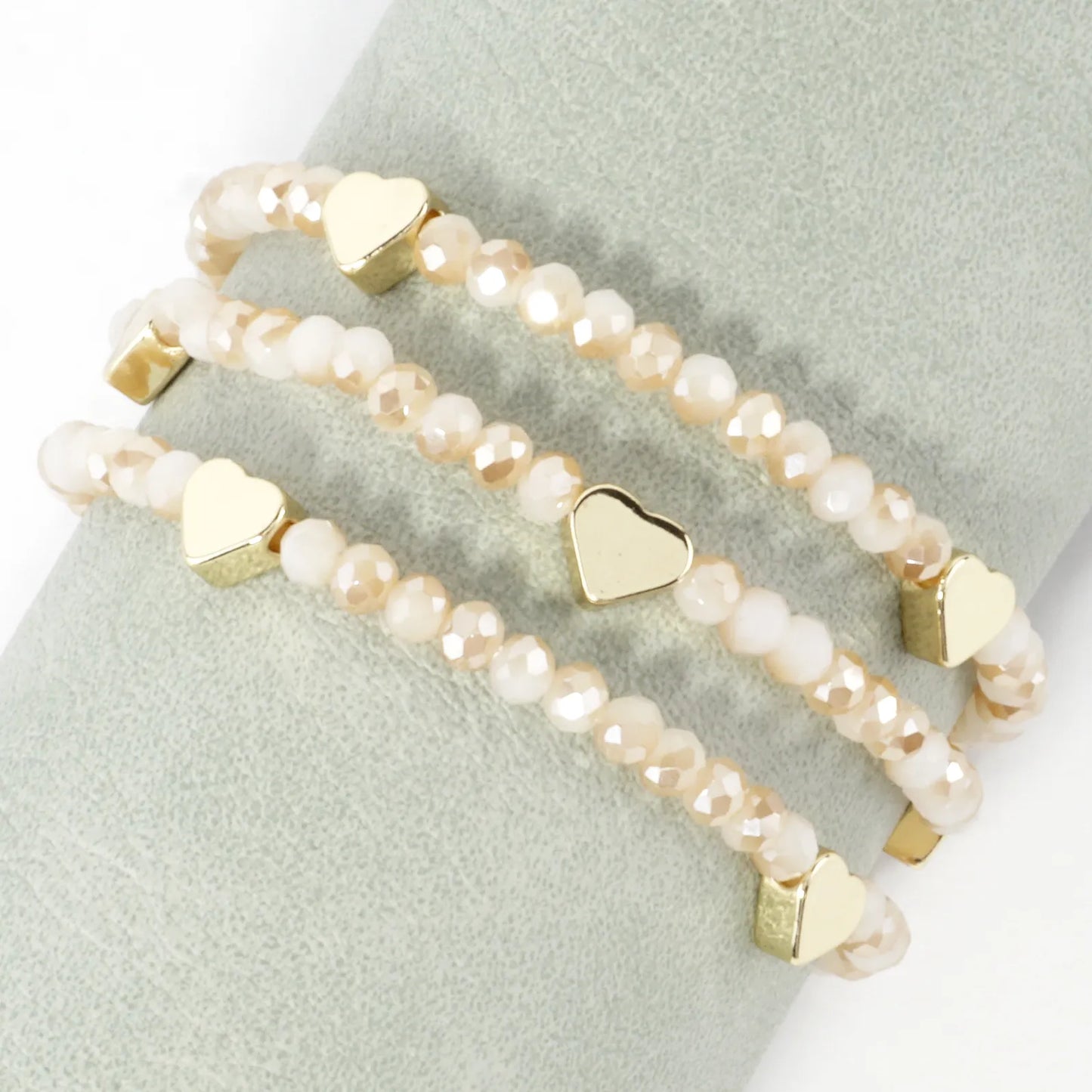 3PC-Set Plated Glass Beads Heart Stretch Bracelets