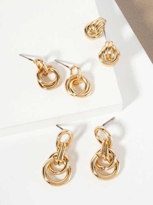 3PC-Set Polished Metal Doorknocker Dangle Stud Earrings