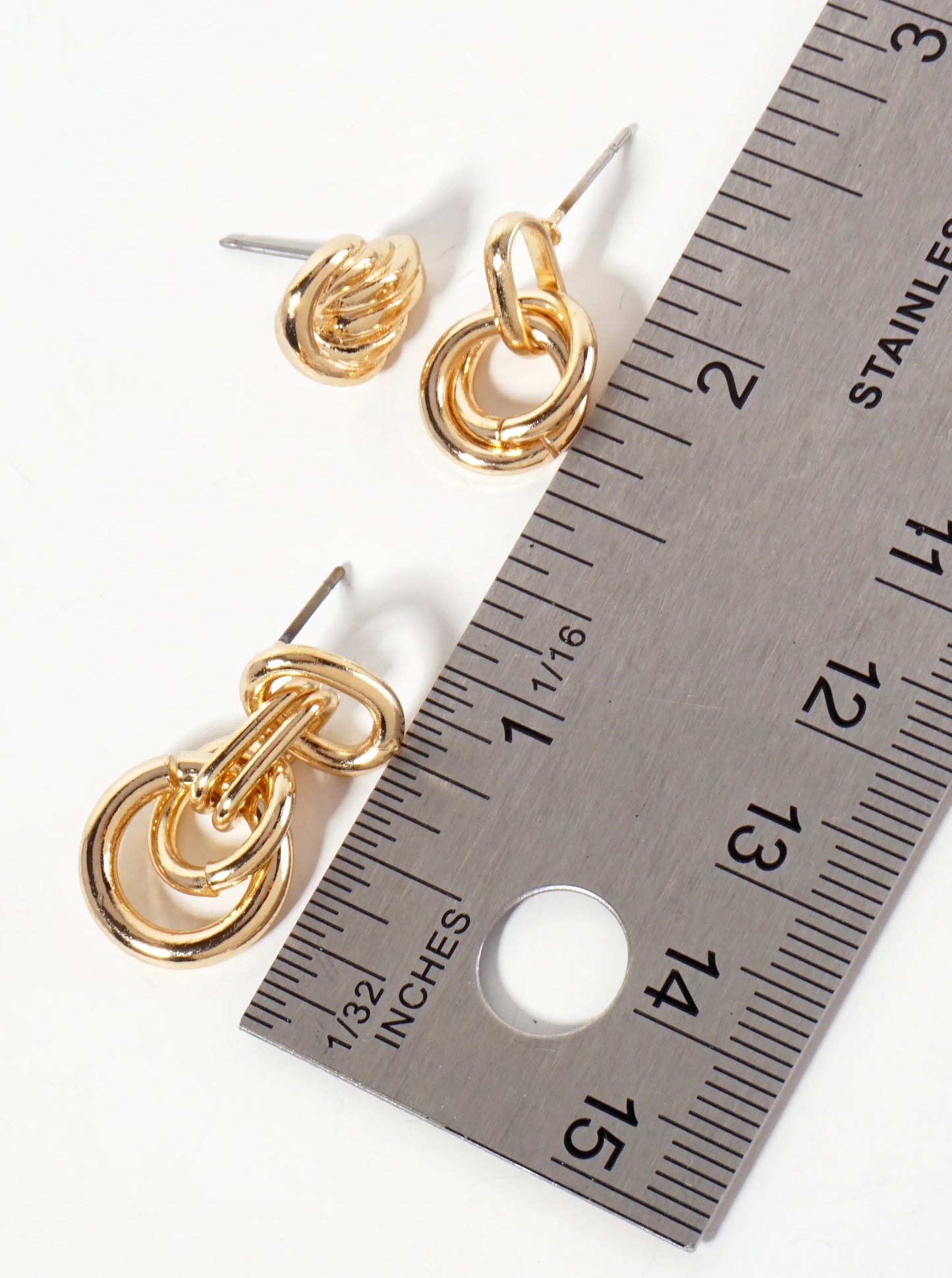 3PC-Set Polished Metal Doorknocker Dangle Stud Earrings