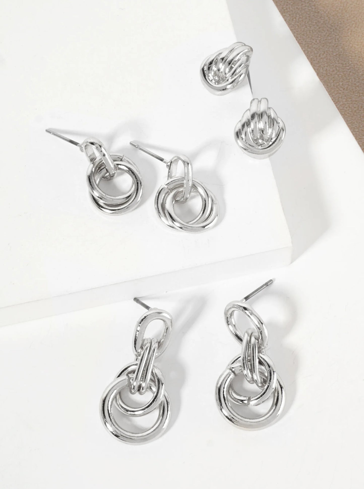 3PC-Set Polished Metal Doorknocker Dangle Stud Earrings