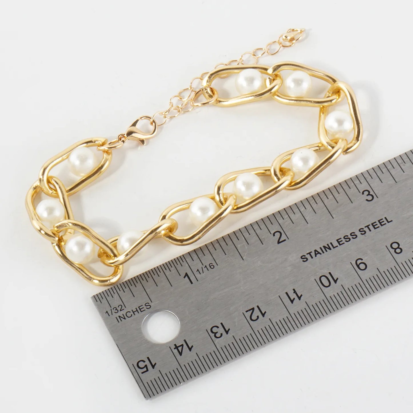3PC-Set Polished Metal Pearl-Beaded Chain Bracelet