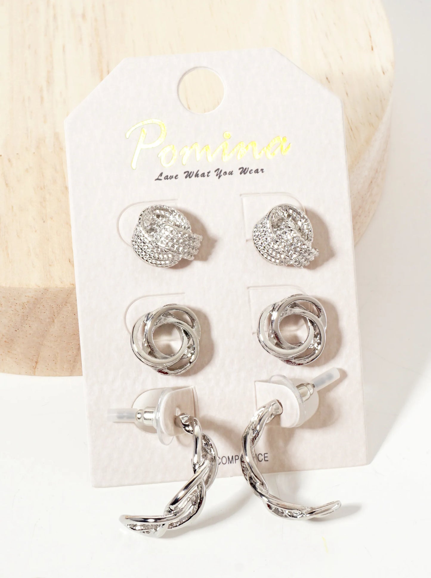 3PC-Set Polished Metal Textured Love-Knot 20mm Hoop Earrings