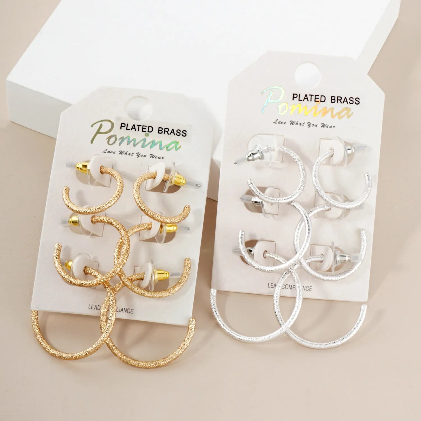 3PC-Set Sand-Texture 20-25-30mm Brass Push-Back Hoop Earrings