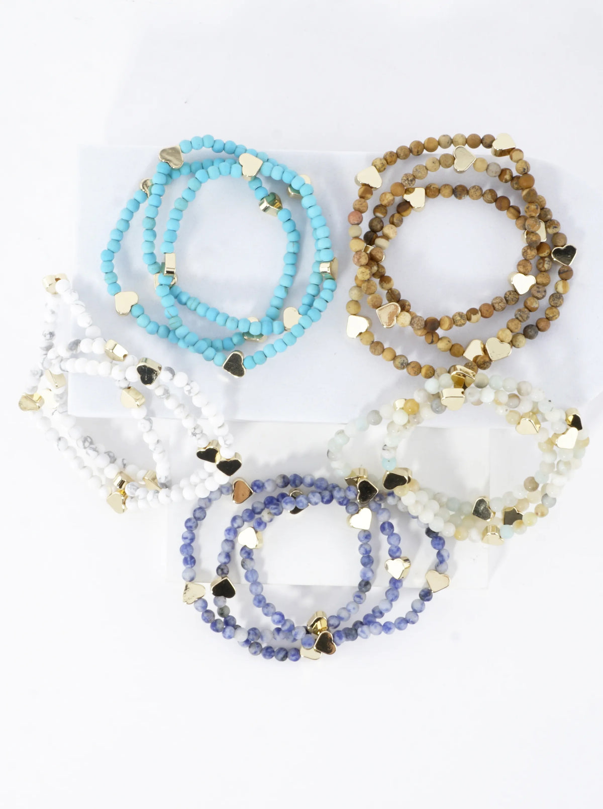 3PC-Set Semiprecious Hearts Stretch Bracelets