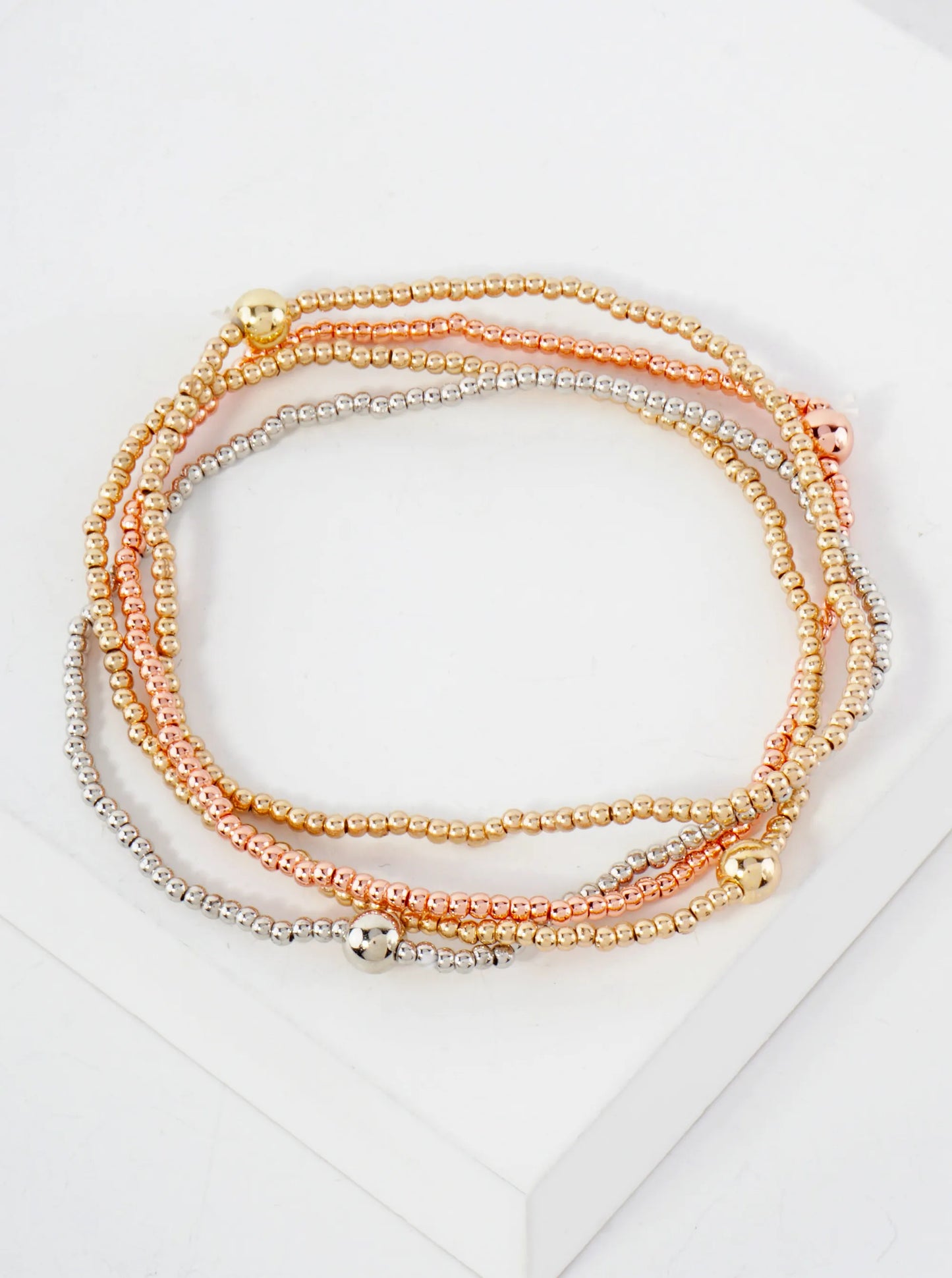 3PC-Set Skinny Metallic Glass Beads Stackable Stretch Bracelets