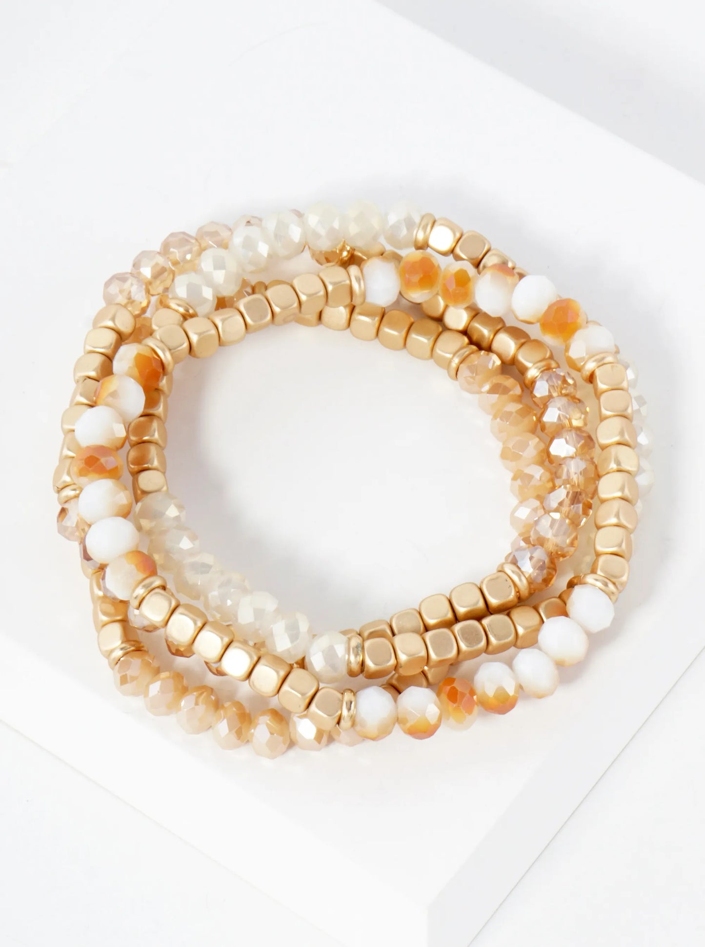 4-PC-Set Metallic Square-Bead And Faceted Glass-Bead Stackable Stretch Bracelet