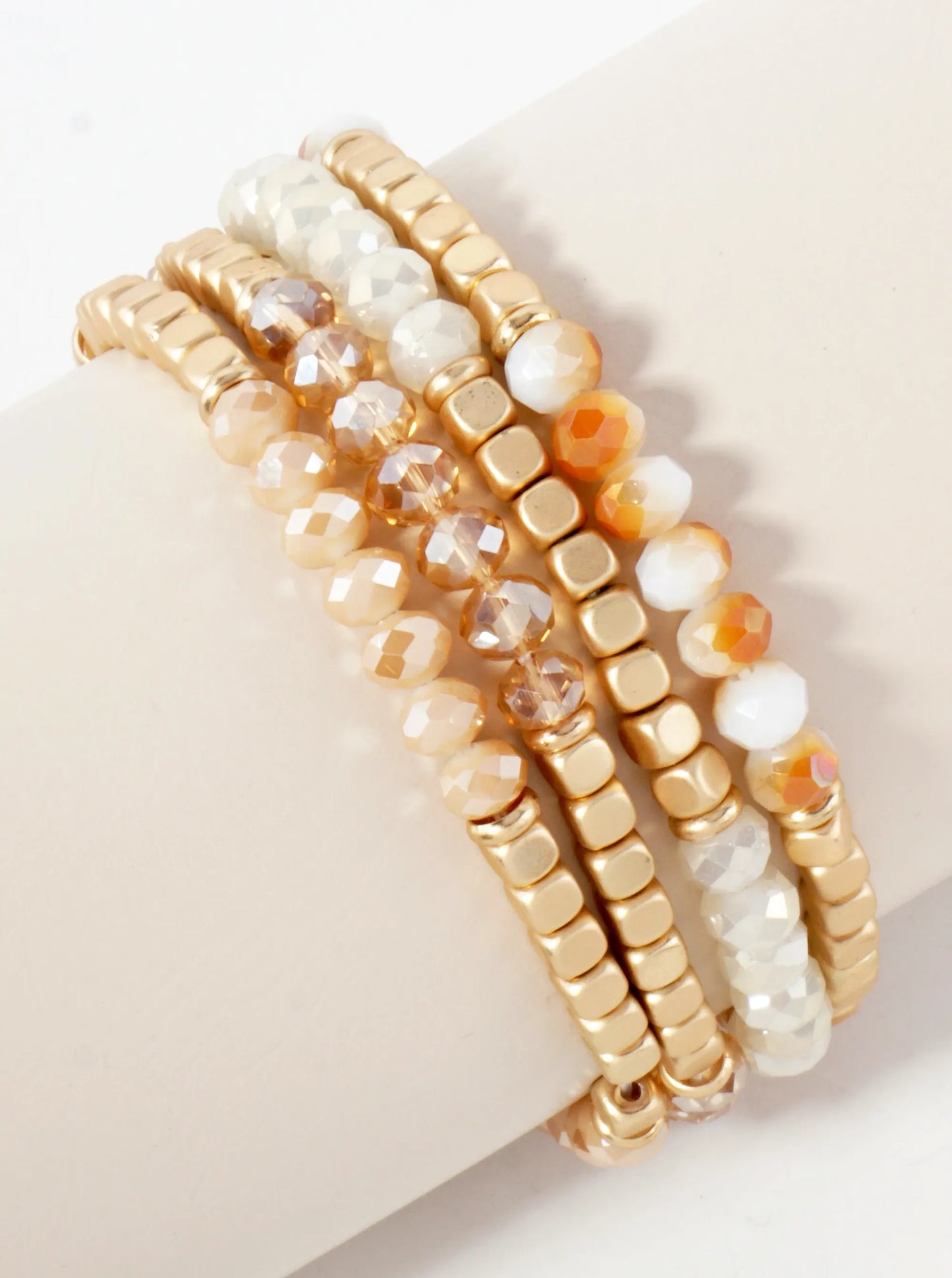 4-PC-Set Metallic Square-Bead And Faceted Glass-Bead Stackable Stretch Bracelet