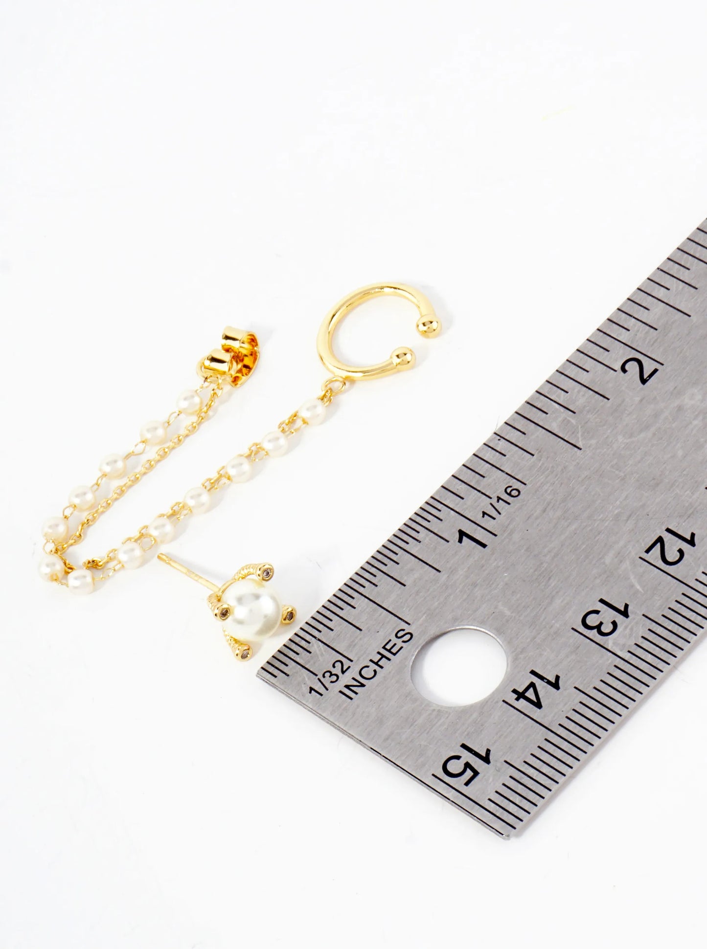 4-Prong 6mm Pearl Stud And Ear Cuff Drape Chain 18K-Gold-Dipped Earring Set