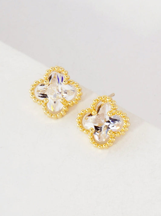4-Prong Quatrefoil Cubic-Zirconia 14K-Gold-Dipped Stud Earrings