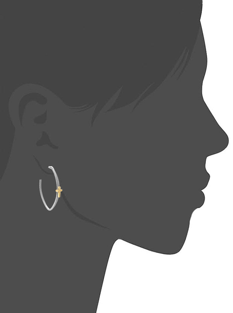 40MM TWO TONE METAL CROSS HOOP EARRINGS