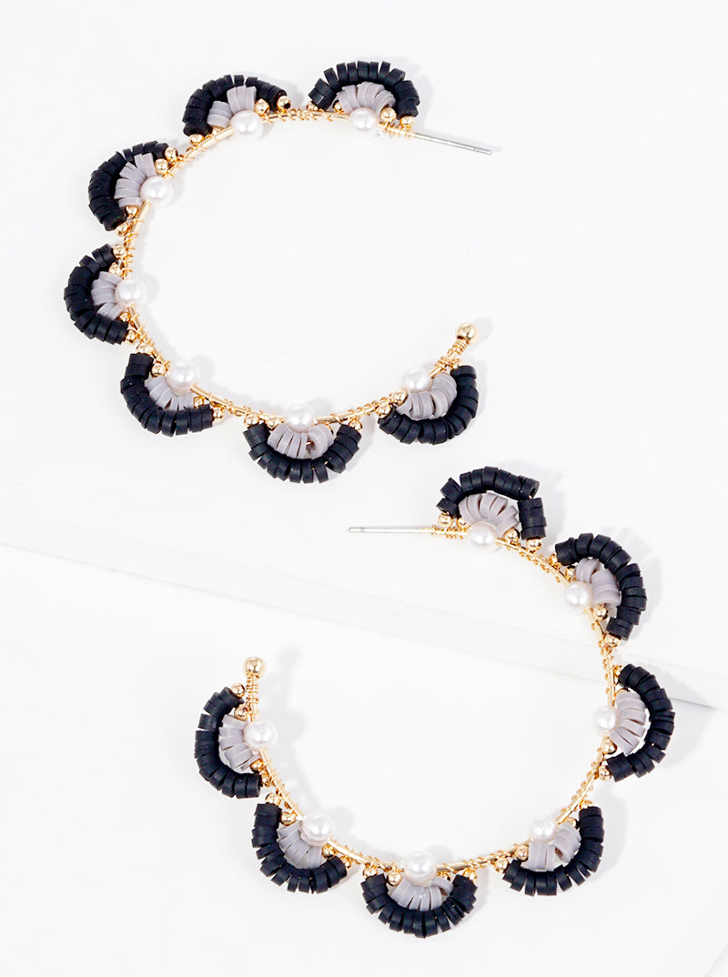 45mm Pearl And Clay Beaded Flower Open Hoop Earrings