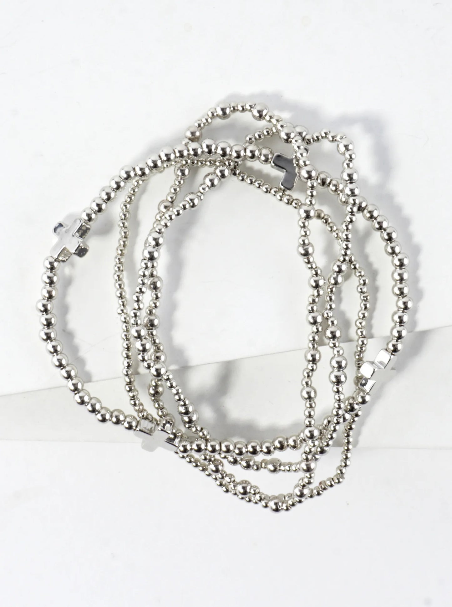 4PC-Set Cross Accents Metallic Beaded Stackable Stretch Bracelet