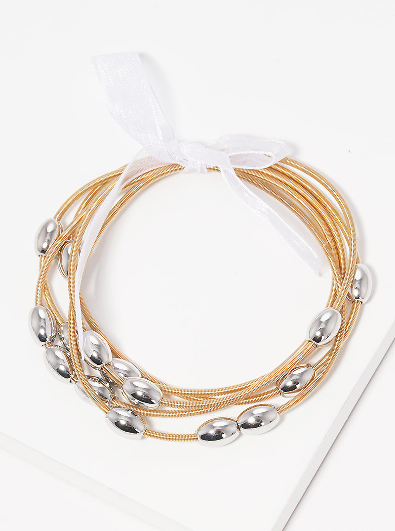 4PC-Set Curved Brass Bar Accents Tiny Metallic-Beaded Stackable Stretch Bracelet