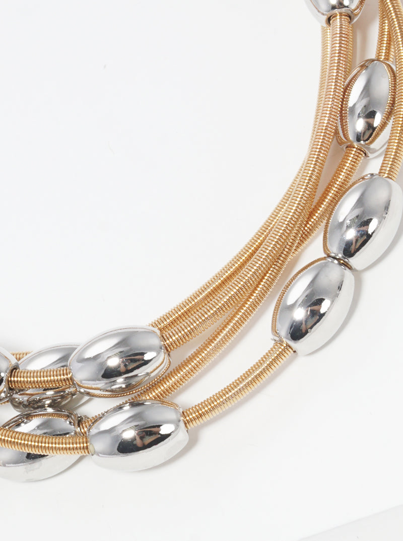 4PC-Set Curved Brass Bar Accents Tiny Metallic-Beaded Stackable Stretch Bracelet