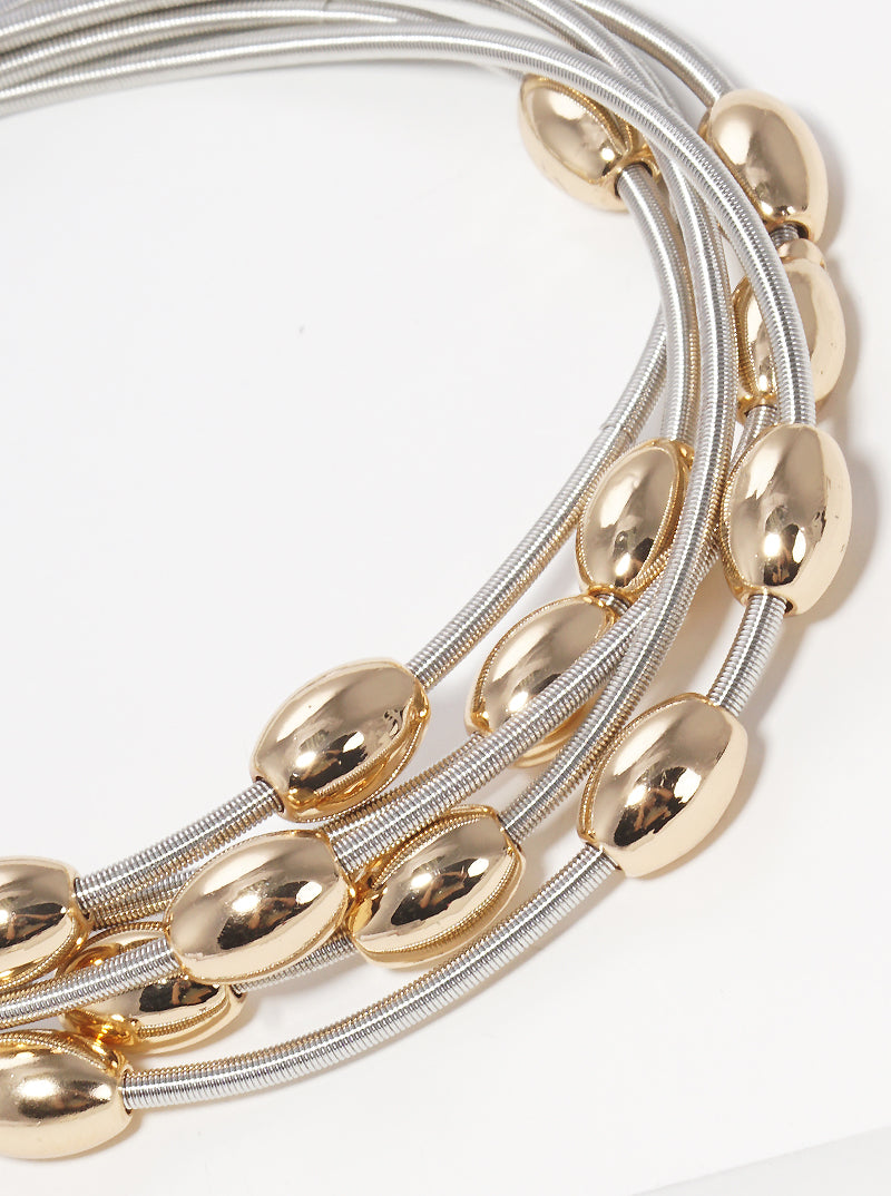 4PC-Set Curved Brass Bar Accents Tiny Metallic-Beaded Stackable Stretch Bracelet