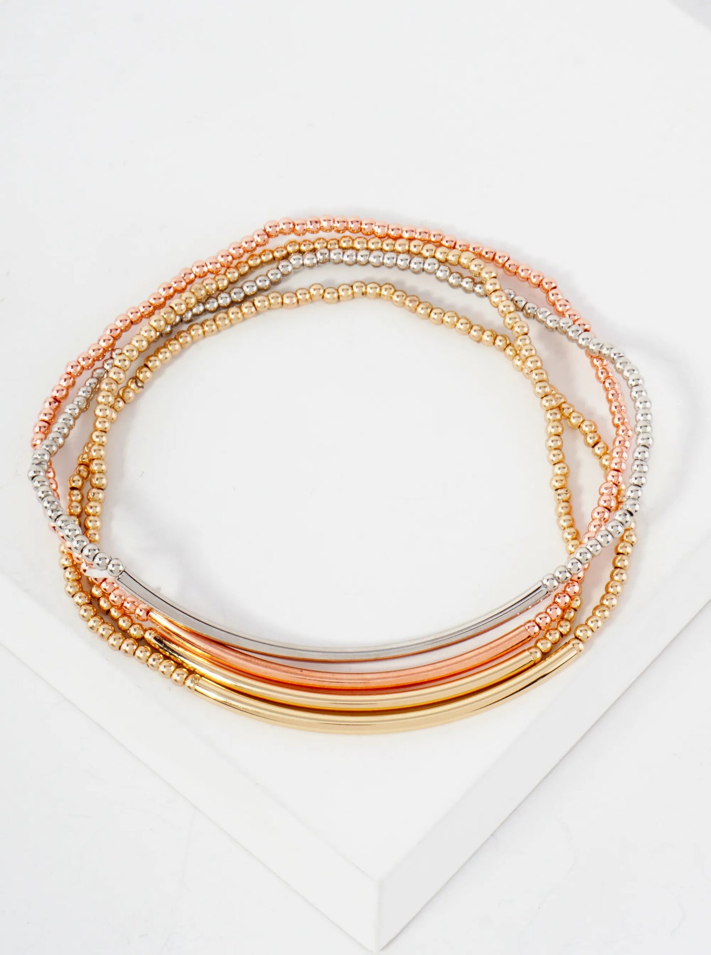 4PC-Set Skinny Metallic Beads With Brass Pipe Stackable Stretch Bracelets