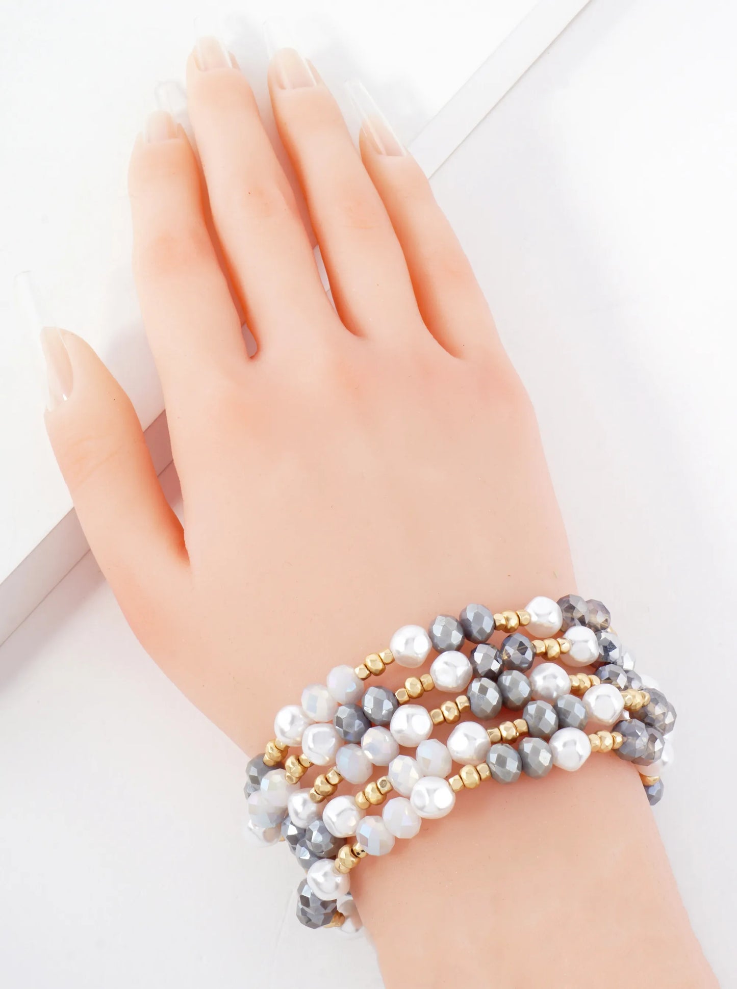 5-PC-Set Pearl Glass-Beaded Stackable Stretch Bracelet