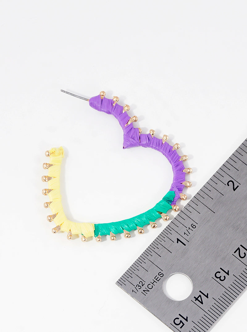 50mm Raffia Wrapped Mardi Gras 50mm Heart Hoop Earrings