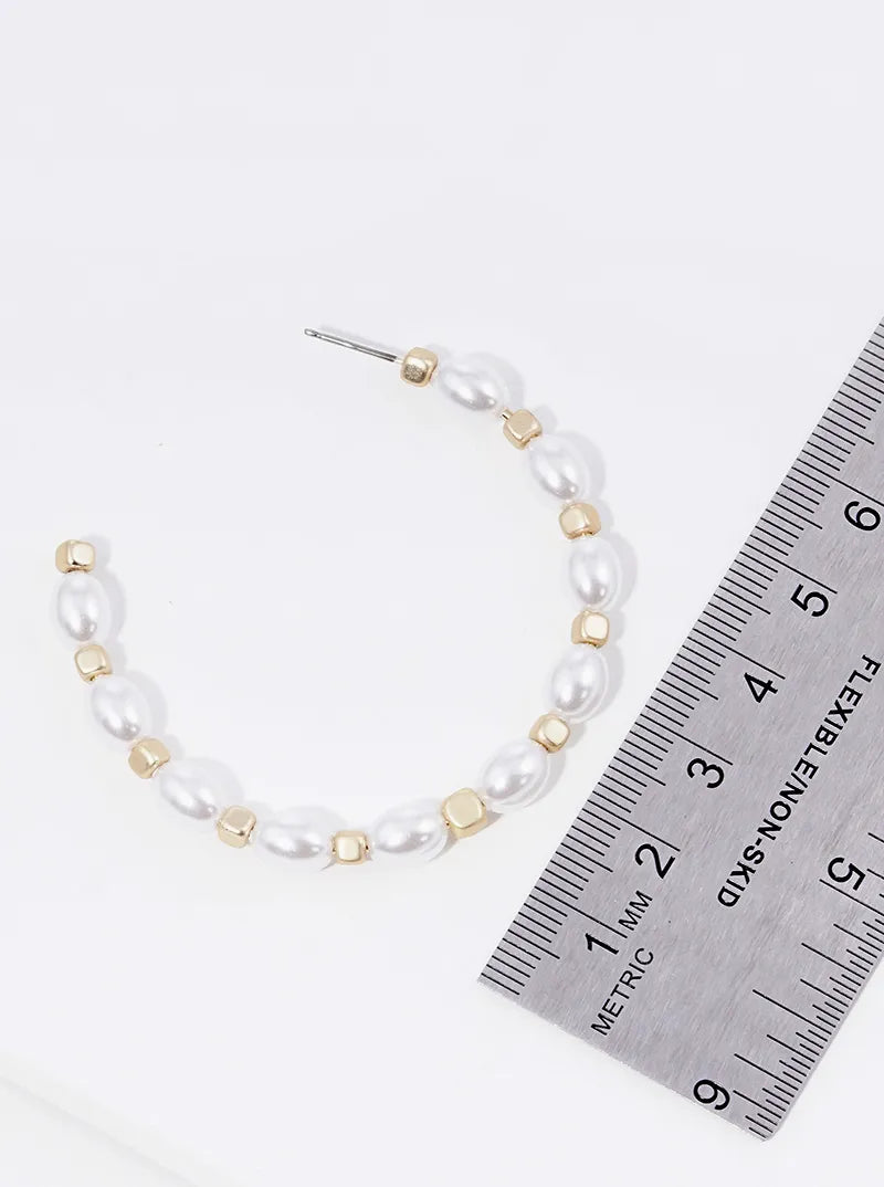 50mm Pearl Metallic Cube Beaded Open Hoop Earrings